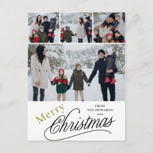 Elegant Modern Minimalist Christmas Family 4 Photo Holiday Postcard