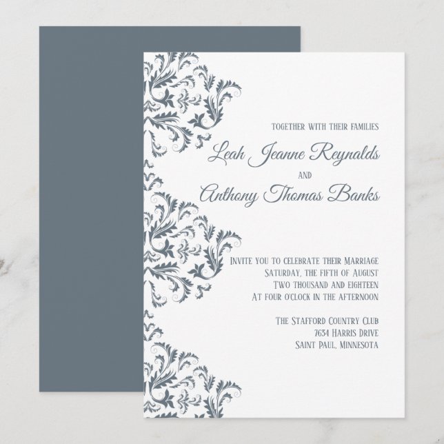 Elegant Modern Minimalist Damask Dusty Blue Invitation (Front/Back)