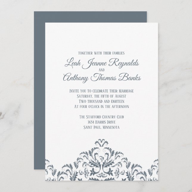 Elegant Modern Minimalist Dusty Blue Damask Invitation (Front/Back)