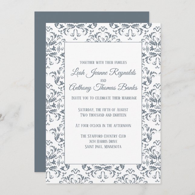 Elegant Modern Minimalist Dusty Blue Damask Invitation (Front/Back)