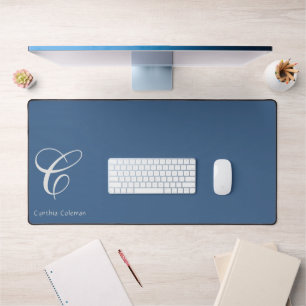 Elegant Modern Minimalist Monogram, Blue Denim Desk Mat