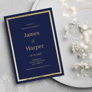 Elegant modern minimalist navy blue gold Wedding Invitation