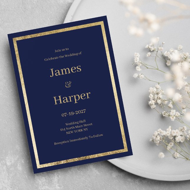 Elegant modern minimalist navy blue gold Wedding Invitation (Elegant modern minimalist navy blue gold Wedding )