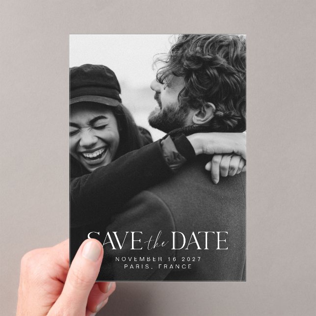 Elegant Modern Minimalist Photo Save the Date Acrylic Invitations (Insitu (Handheld))