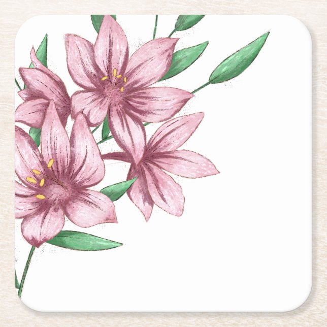 Elegant Modern Minimalist Pink Floral  Square Paper Coaster (Front)
