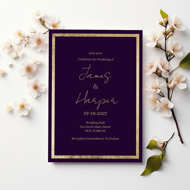 Elegant modern minimalist purple gold Wedding Invitation (Elegant modern minimalist purple gold Wedding )