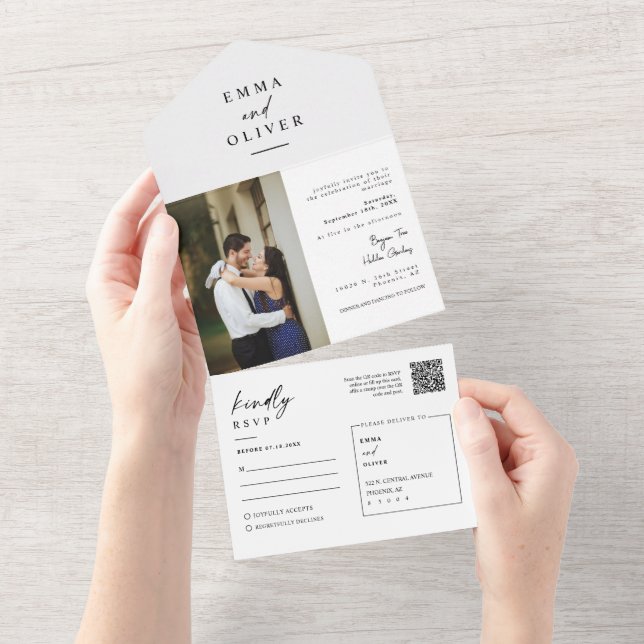 Elegant Modern Minimalist QR Code Photo RSVP All In One Invitation (Tearaway)