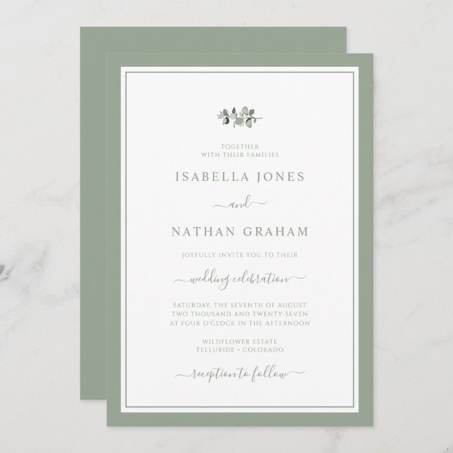 Elegant Modern Minimalist Sage Script Wedding Invi Invitation (Front/Back)