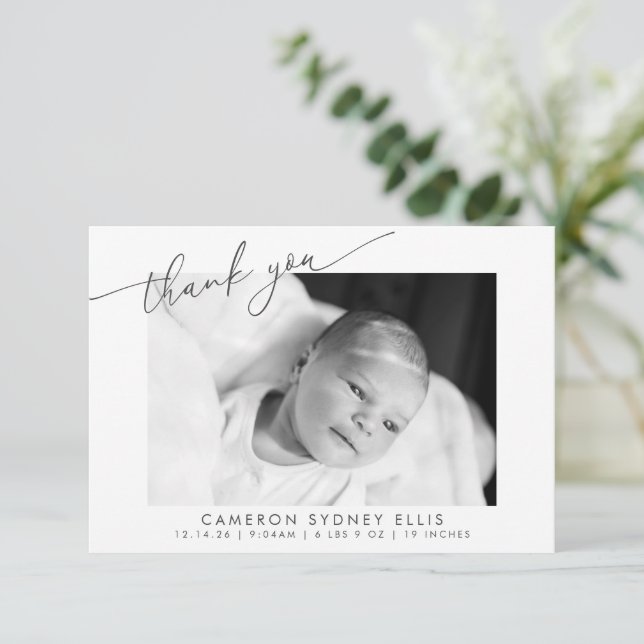 Elegant Modern Minimalist Script Baby Photo Birth Thank You Card (Standing Front)