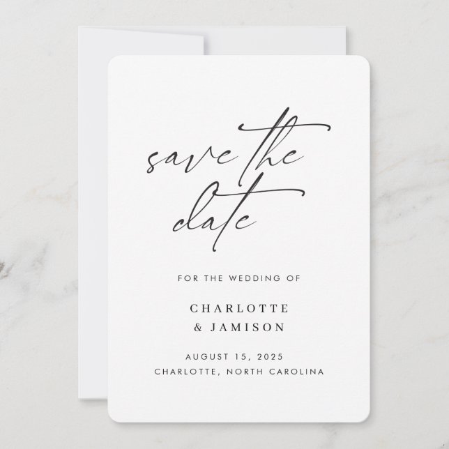 Elegant Modern Minimalist Script Black White Photo Save The Date (Front)