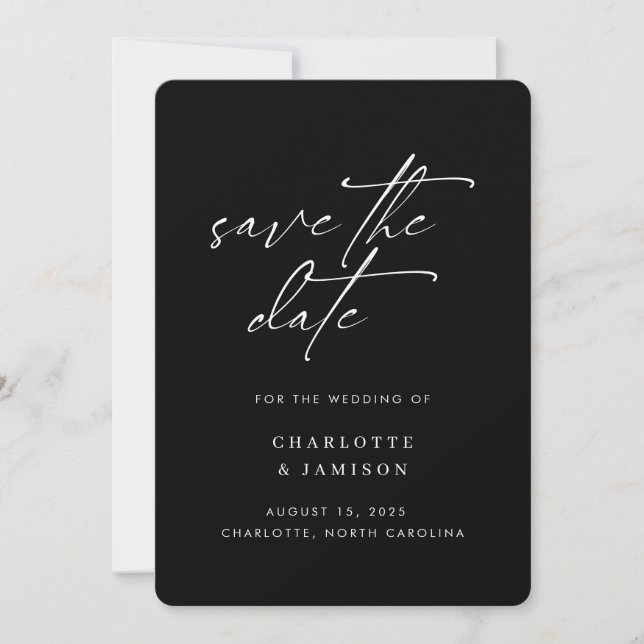 Elegant Modern Minimalist Script Black White Photo Save The Date (Front)