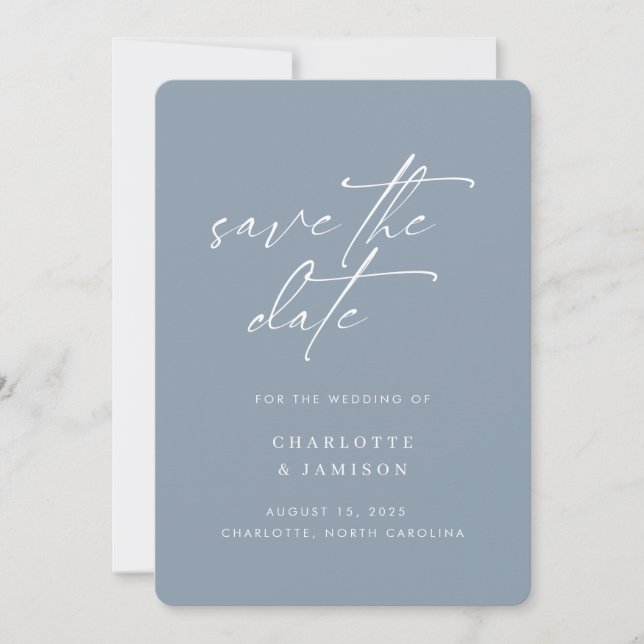 Elegant Modern Minimalist Script Blue Photo Save The Date (Front)