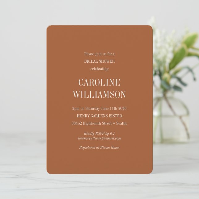 Elegant Modern Minimalist Terracotta Bridal Shower Invitation (Standing Front)