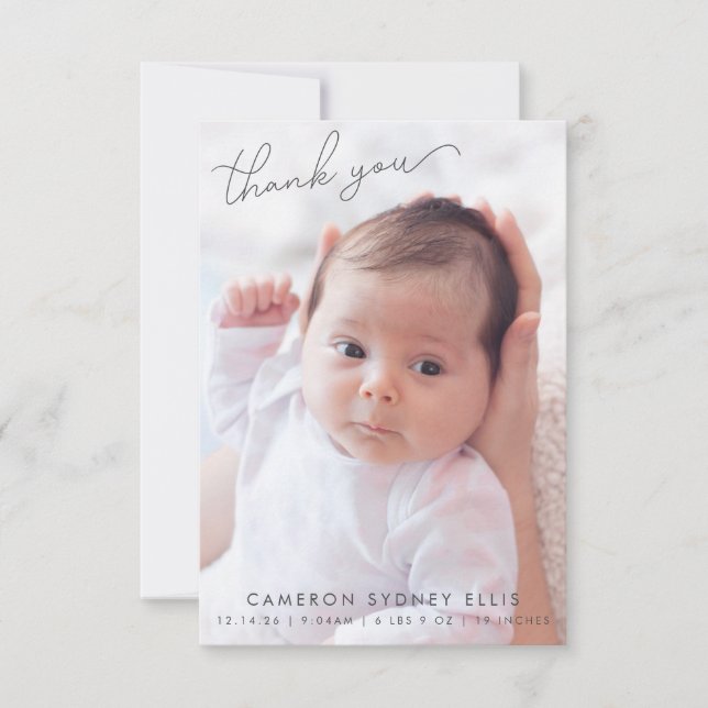 Elegant Modern Minimalist Two Baby Photo Birth Thank You Card (Front)