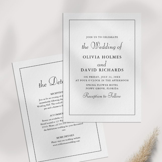 Elegant Modern Minimalist Wedding Details Invitation (Elegant Modern Minimalist Wedding Details Invitation on a white table.)