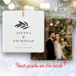 Elegant Modern Minimalist Wedding Photo Twig Ceramic Ornament<br><div class="desc">Modern wedding ornament with your custom names in an elegant typography design and the date of your celebration. On the back is space for your favourite photo of the nuptials. This is the minimalist black and white version. Great keepsake gifts for newlyweds!</div>