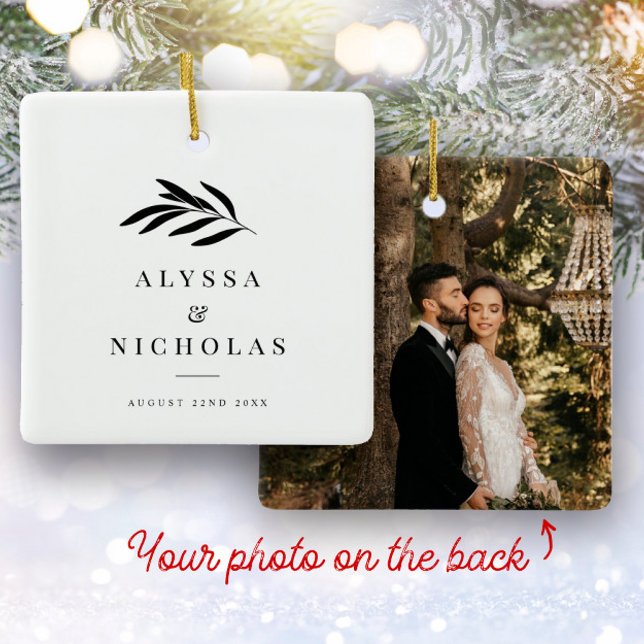 Elegant Modern Minimalist Wedding Photo Twig Ceramic Ornament (Creator Uploaded)