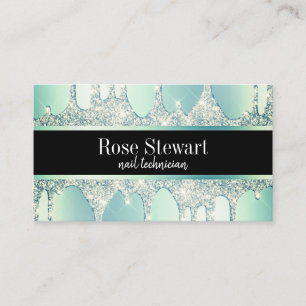 Elegant modern mint green glitter drips nails business card