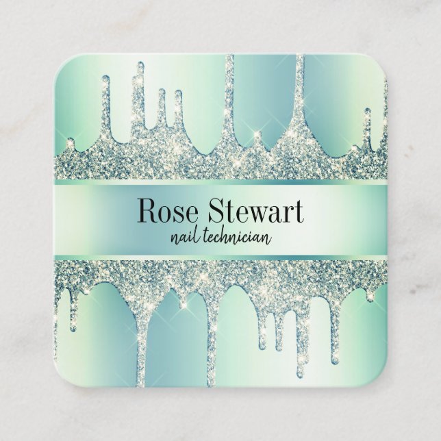 Elegant modern mint green glitter drips nails square business card (Front)