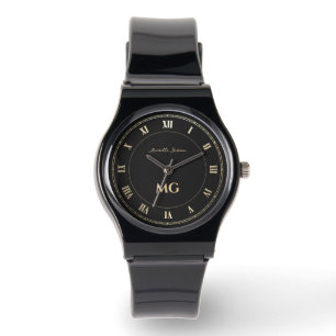 Elegant Modern Monogram Black Gold Roman Numerals Watch