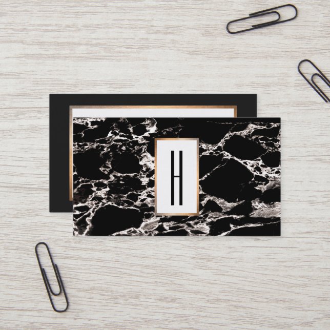 Elegant Modern Monogram, Black Marble, Stone Business Card (Front/Back In Situ)
