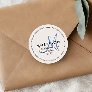 Elegant Modern Monogram Blue Return Address Classic Round Sticker