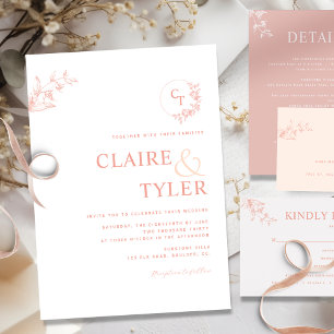 Elegant Modern Monogram Blush Pink, Peach Wedding Invitation