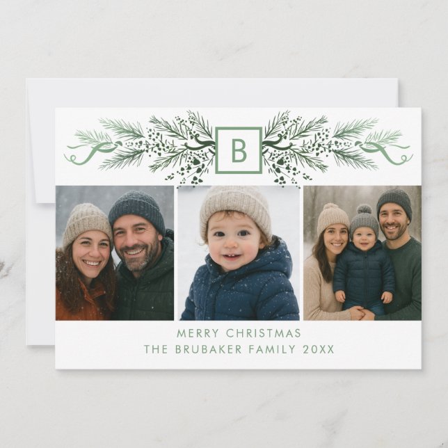 Elegant Modern Monogram Custom Christmas 3 Photo Holiday Card (Front)