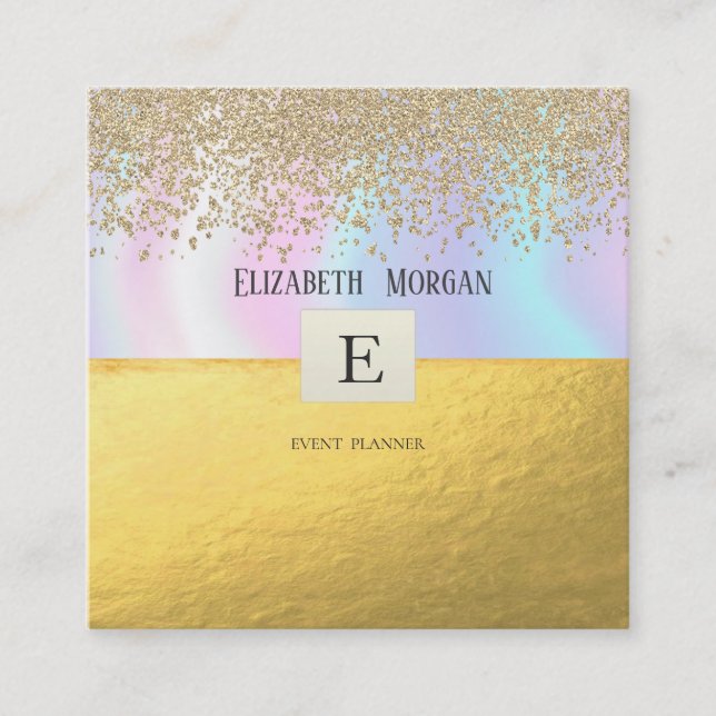 Elegant Modern Monogram Gold Diamonds Holographic Square Business Card (Front)