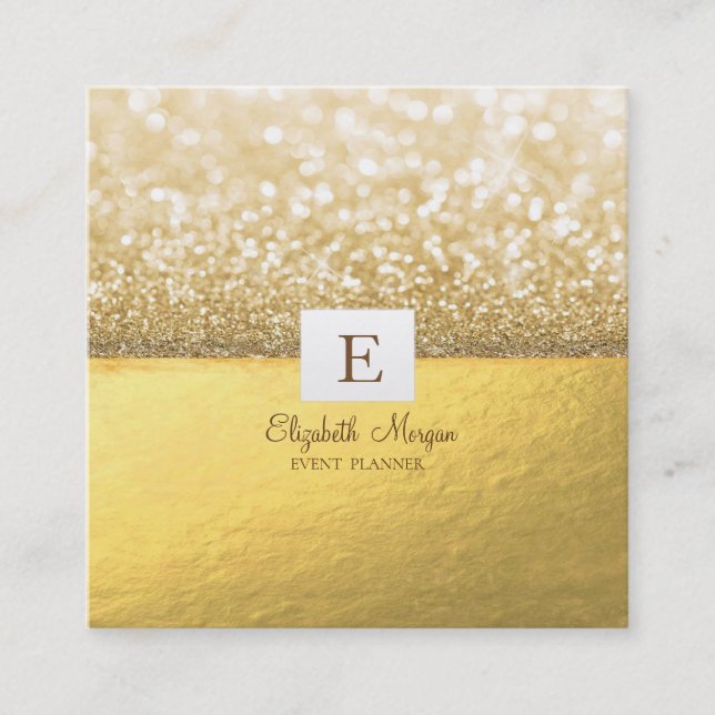 Elegant Modern Monogram Gold Glitter Bokeh Square Business Card (Front)