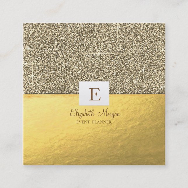 Elegant Modern Monogram Gold Glitter Square Business Card (Front)