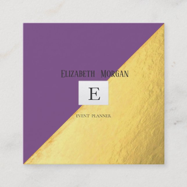 Elegant Modern Monogram Gold,Violet Square Business Card (Front)