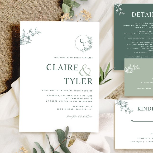 Elegant Modern Monogram Green Wedding Invitation (Creator Uploaded)