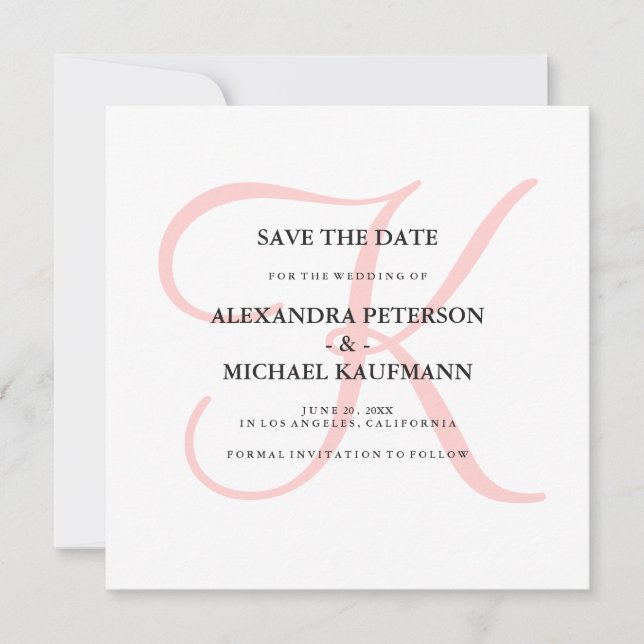 Elegant Modern Monogram in Pink Save the Date (Front)