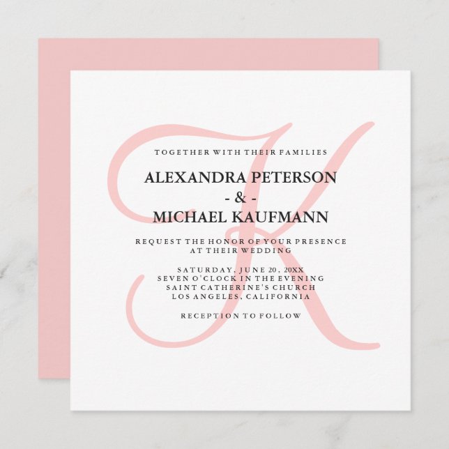 Elegant Modern Monogram in Pink Wedding Invitation (Front/Back)