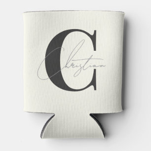 Elegant Modern Monogram Ivory and Warm Black Can Cooler