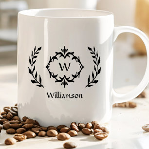 Elegant Modern Monogram Laurel Wreath Trendy Black Coffee Mug