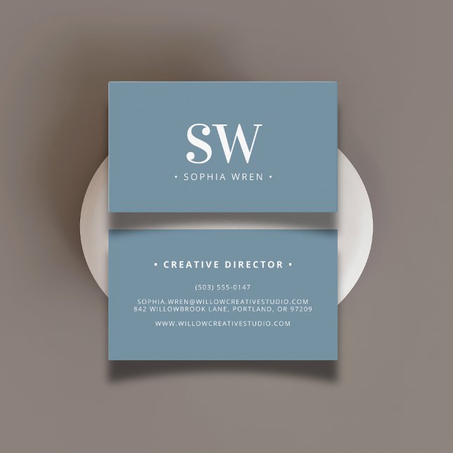 Elegant Modern Monogram Minimal Dusty Blue Business Card (Creator Uploaded)