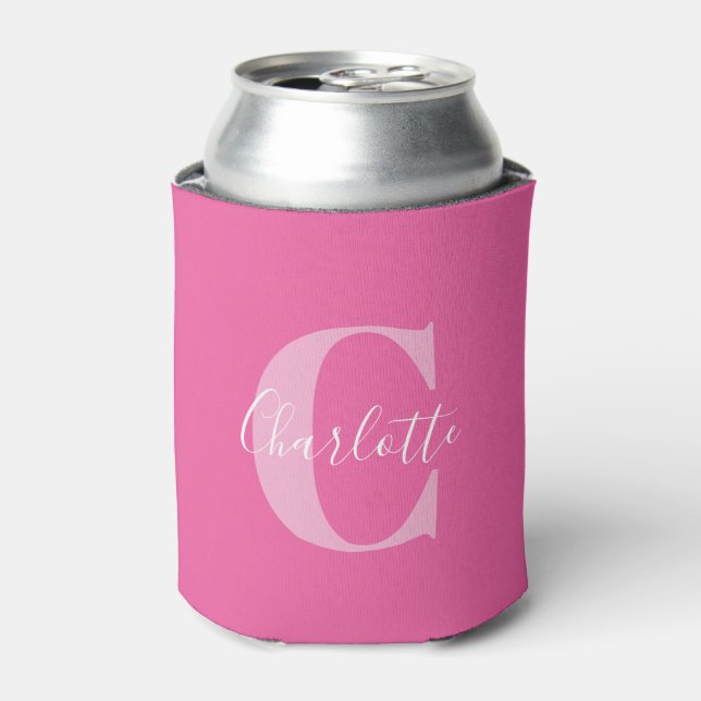 Elegant Modern Monogram Name in Hot Pink Can Cooler (Can Front)
