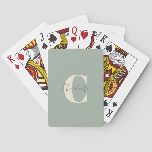 Elegant Modern Monogram Name in Sage Green Playing Cards (Back)