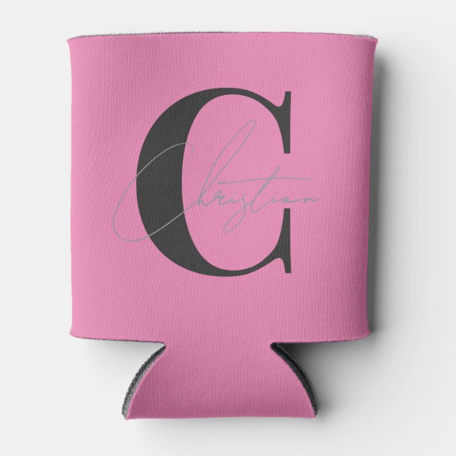 Elegant Modern Monogram Pink and Black Can Cooler (Front)