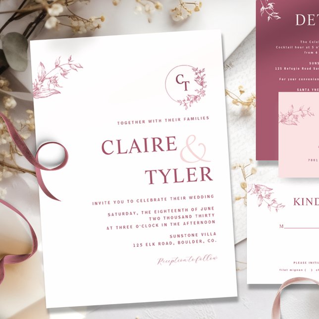 Elegant Modern Monogram Pink, Burgundy Wedding Invitation (Creator Uploaded)