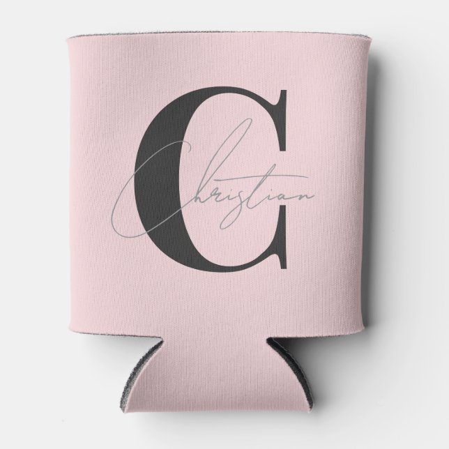 Elegant Modern Monogram Pink Whisper and Black Can Cooler (Front)