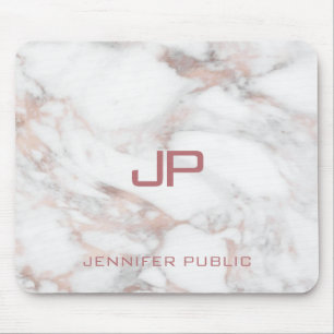 Elegant Modern Monogram Rose Gold White Marble Mouse Pad