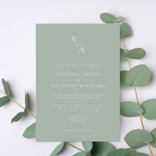 Elegant Modern Monogram Sage Green Wedding Invitation