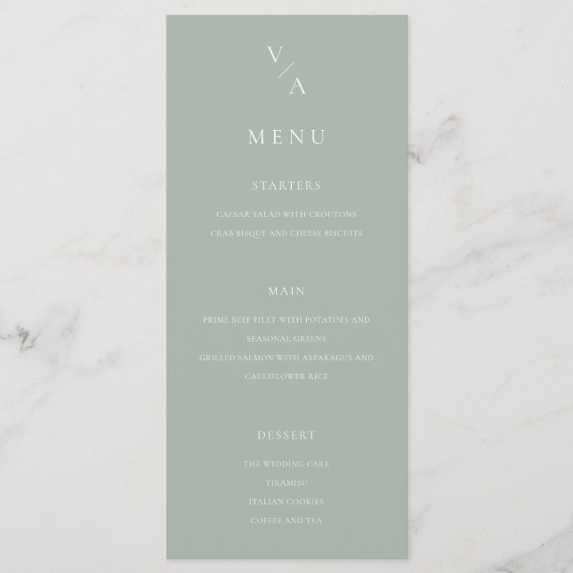 Elegant Modern Monogram Sage Green Wedding Menu (Front)