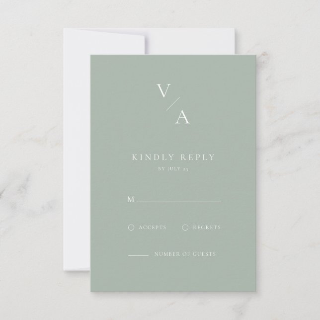 Elegant Modern Monogram Sage Green Wedding RSVP Card (Front)