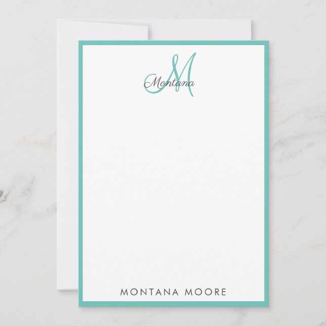 Elegant Modern Monogram Simple Girly Teal Note  Card (Front)