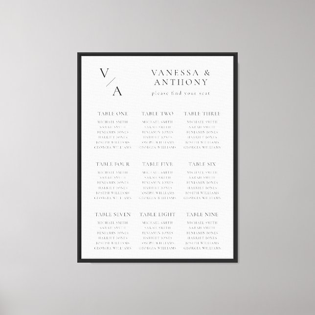 Elegant Modern Monogram Wedding Seating Chart Canvas Print (Front)