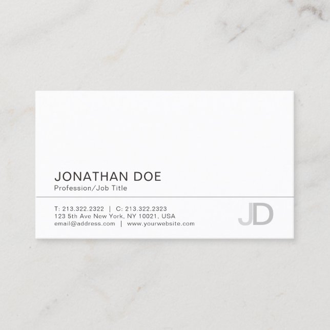 Elegant Modern Monogram White Plain Professional Business Card (Front)